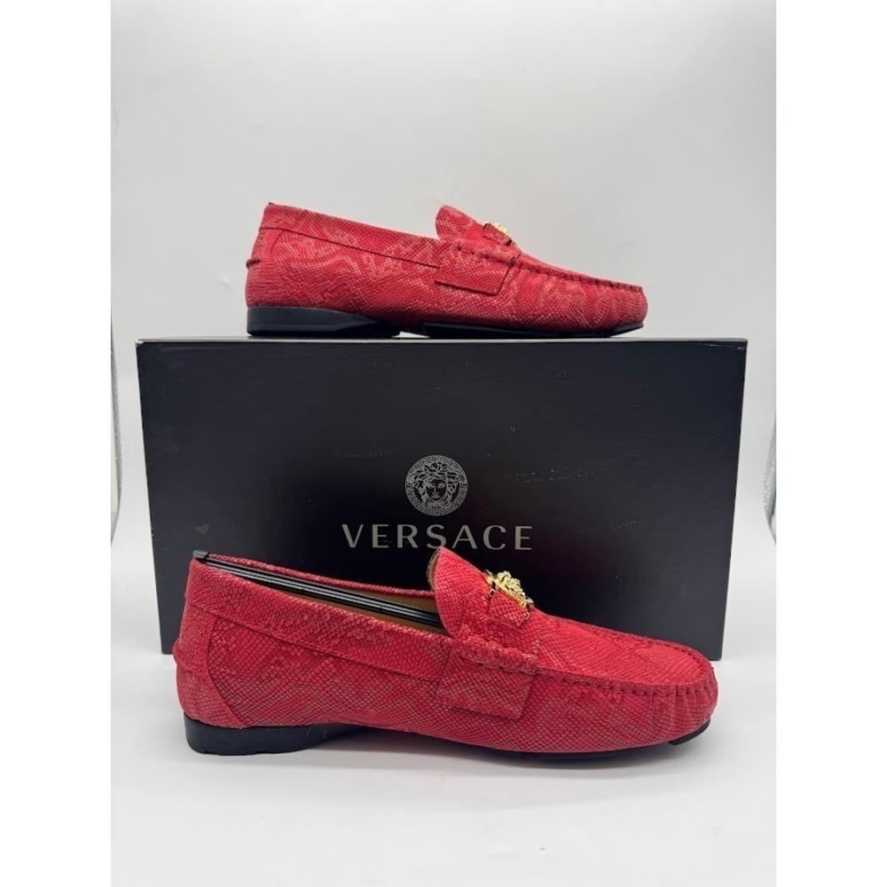 Versace Medusa Driver Loafers Red Python Print Nubuck Mens US 7.5 EU 39 NIB